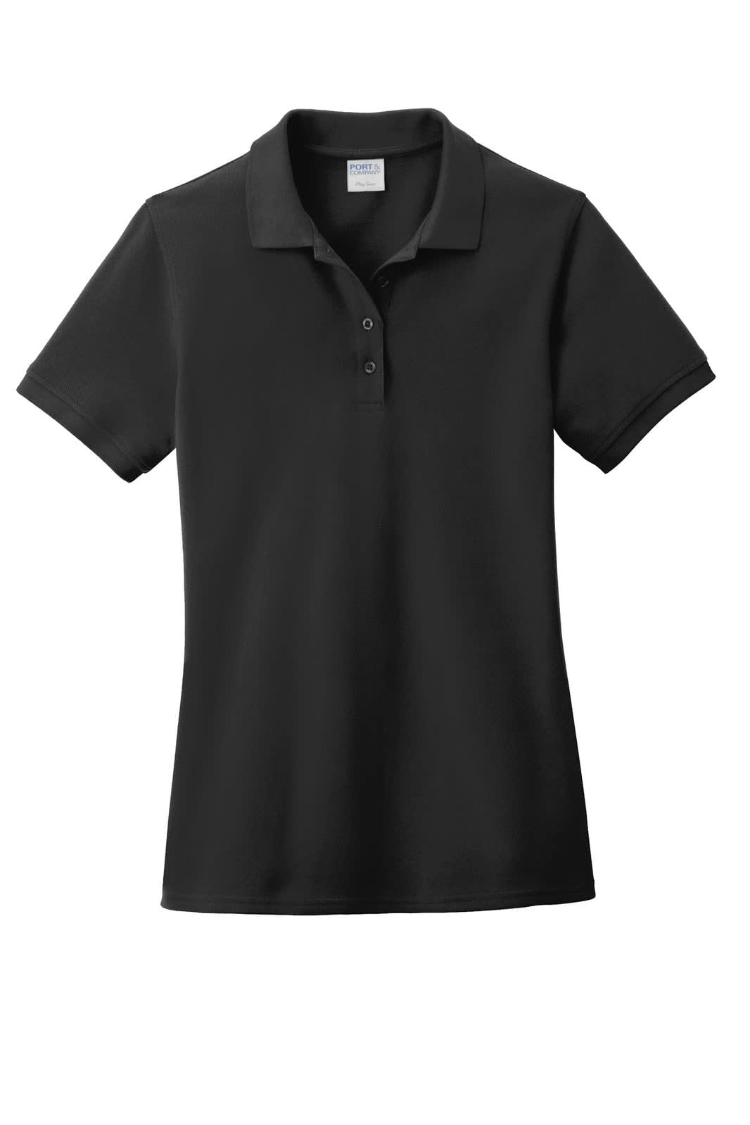 A black ladies' polo shirt with a collar, featuring a logo and three buttons down the front.