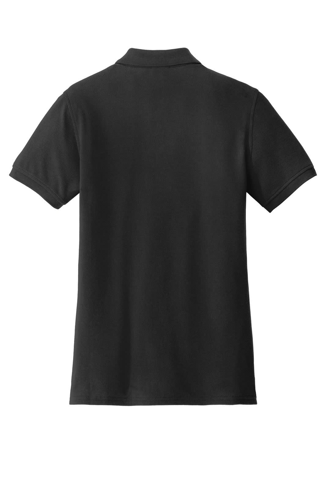 A black ladies polo shirt with short sleeves and a collar, featuring a logo on the front.