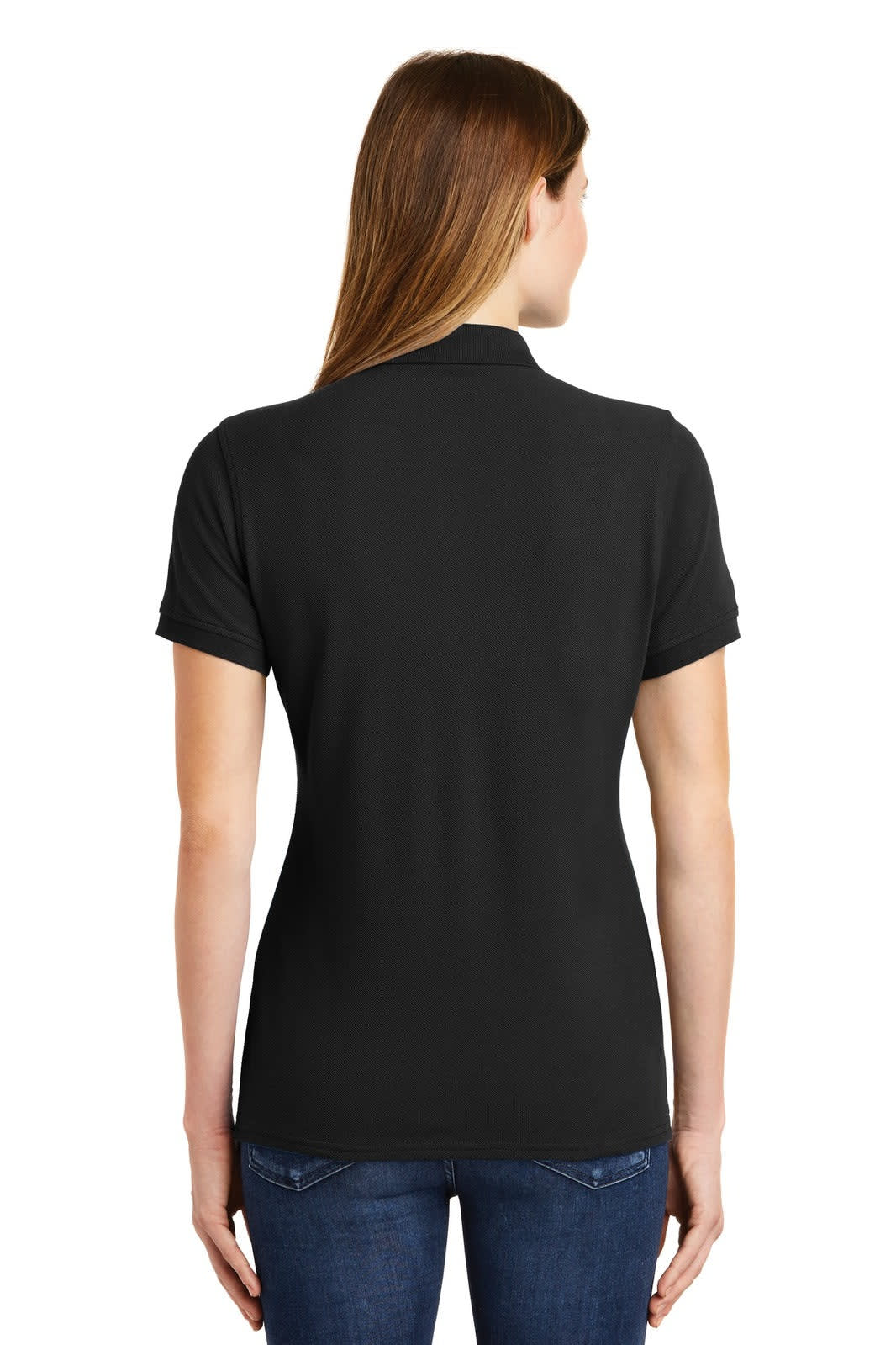 A black ladies' polo shirt with a ring spun pique fabric and a logo on the back.