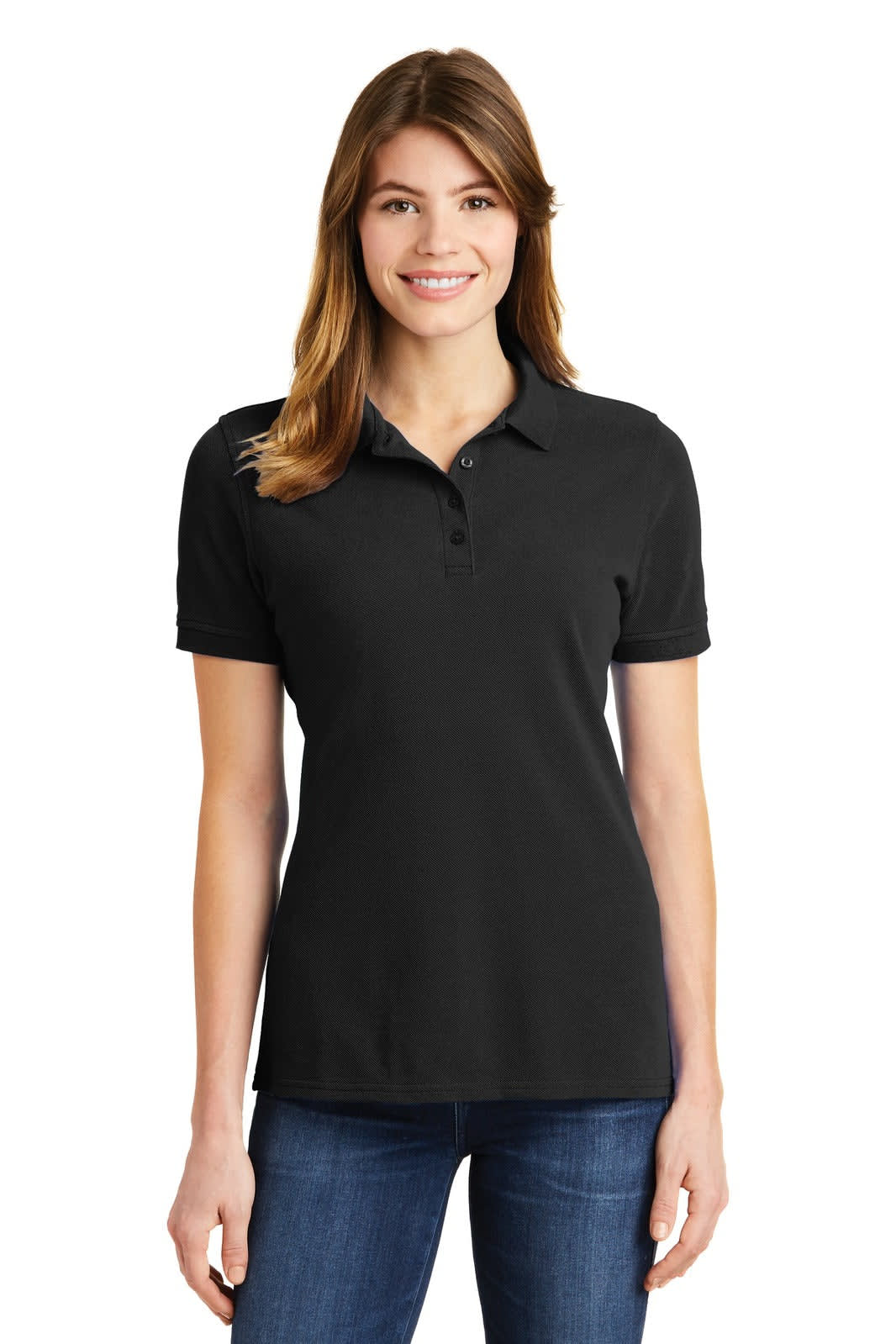 A woman is wearing a black ladies’ polo shirt, featuring a classic collar and short sleeves.