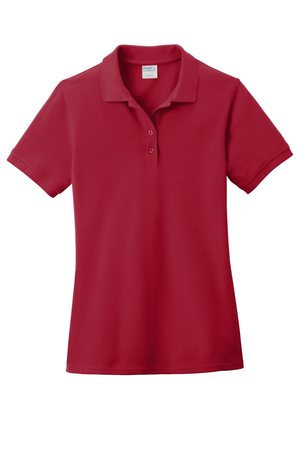 A red ladies' polo shirt with a collar and buttons, featuring a logo on the chest.