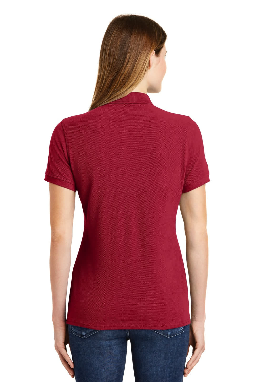 A maroon ladies' polo shirt with a fitted style, featuring short sleeves and a collar, has a logo.