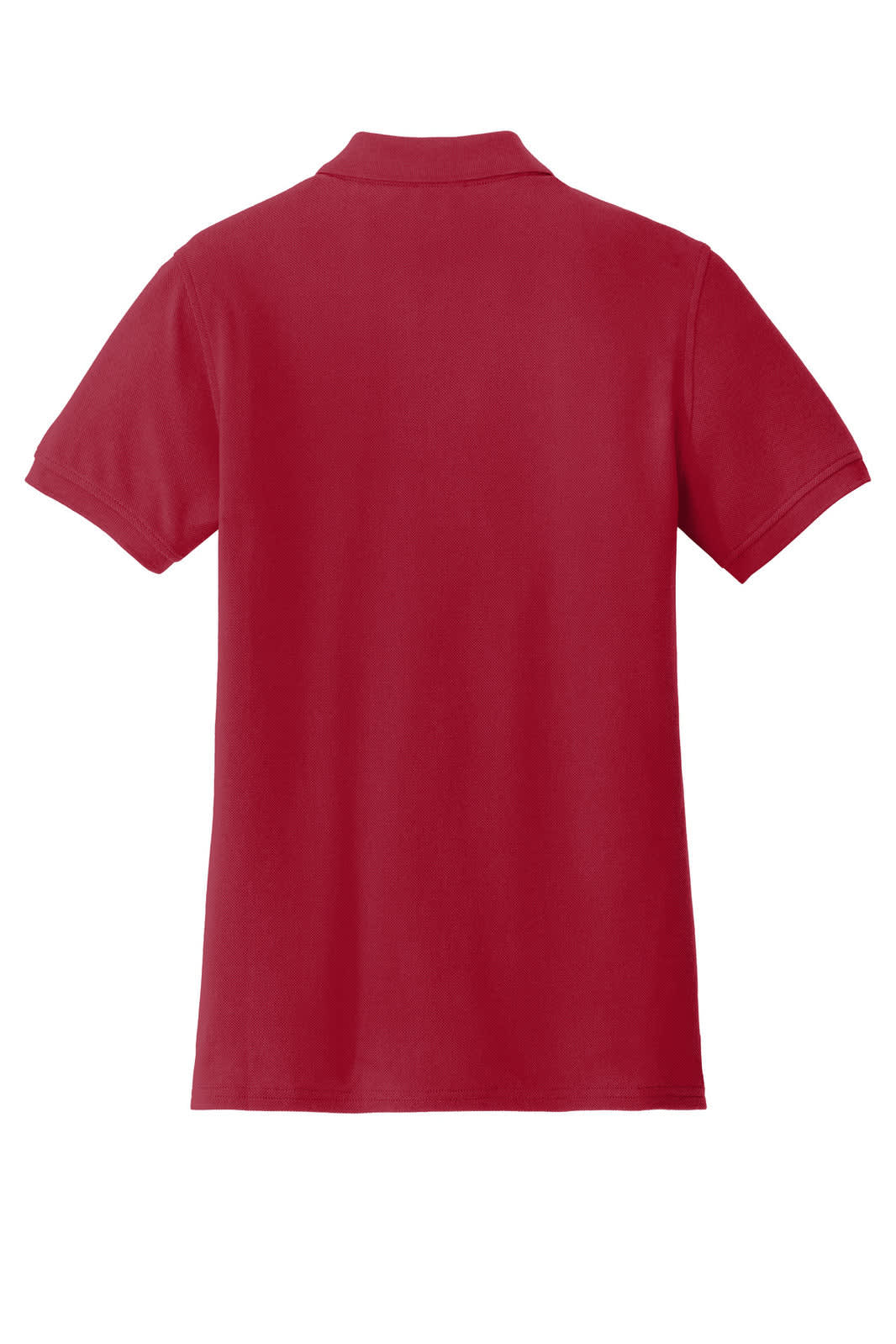 A red ladies polo shirt with a classic collar and short sleeves, featuring a logo on the front.