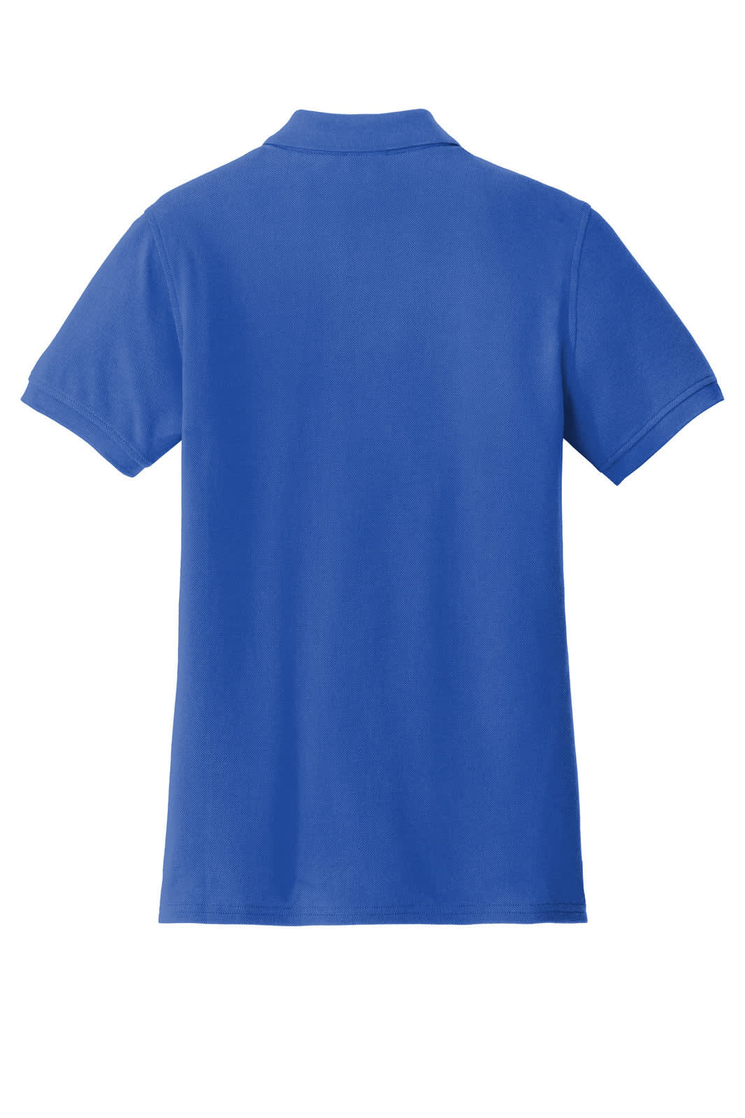 A blue ladies polo shirt featuring a classic pique design and a collar, with a small logo on the side.