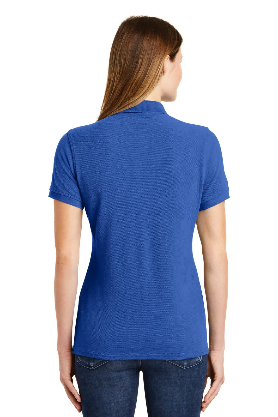 A blue ladies' polo shirt with a fitted design, featuring a collar and short sleeves, seen from the back.