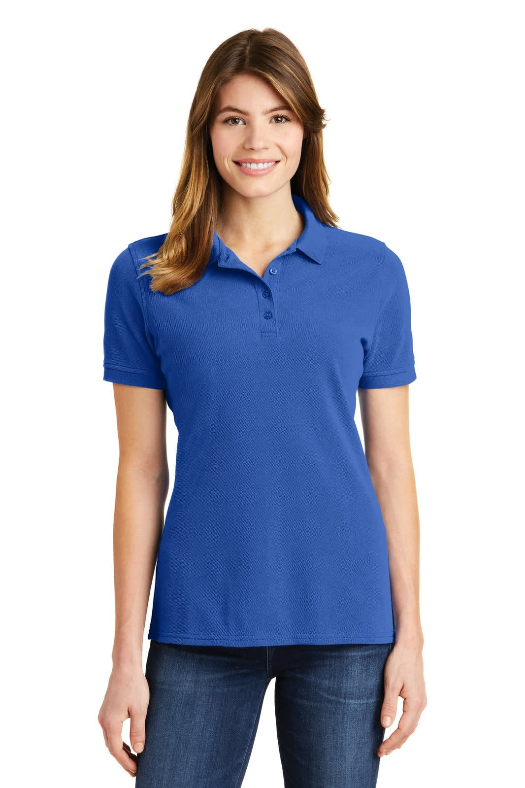 A blue ladies polo shirt with short sleeves and a collar, featuring a logo.
