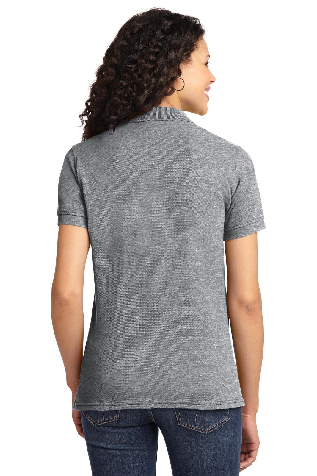 A grey ladies' polo shirt with short sleeves, featuring a collar and a logo on the back.