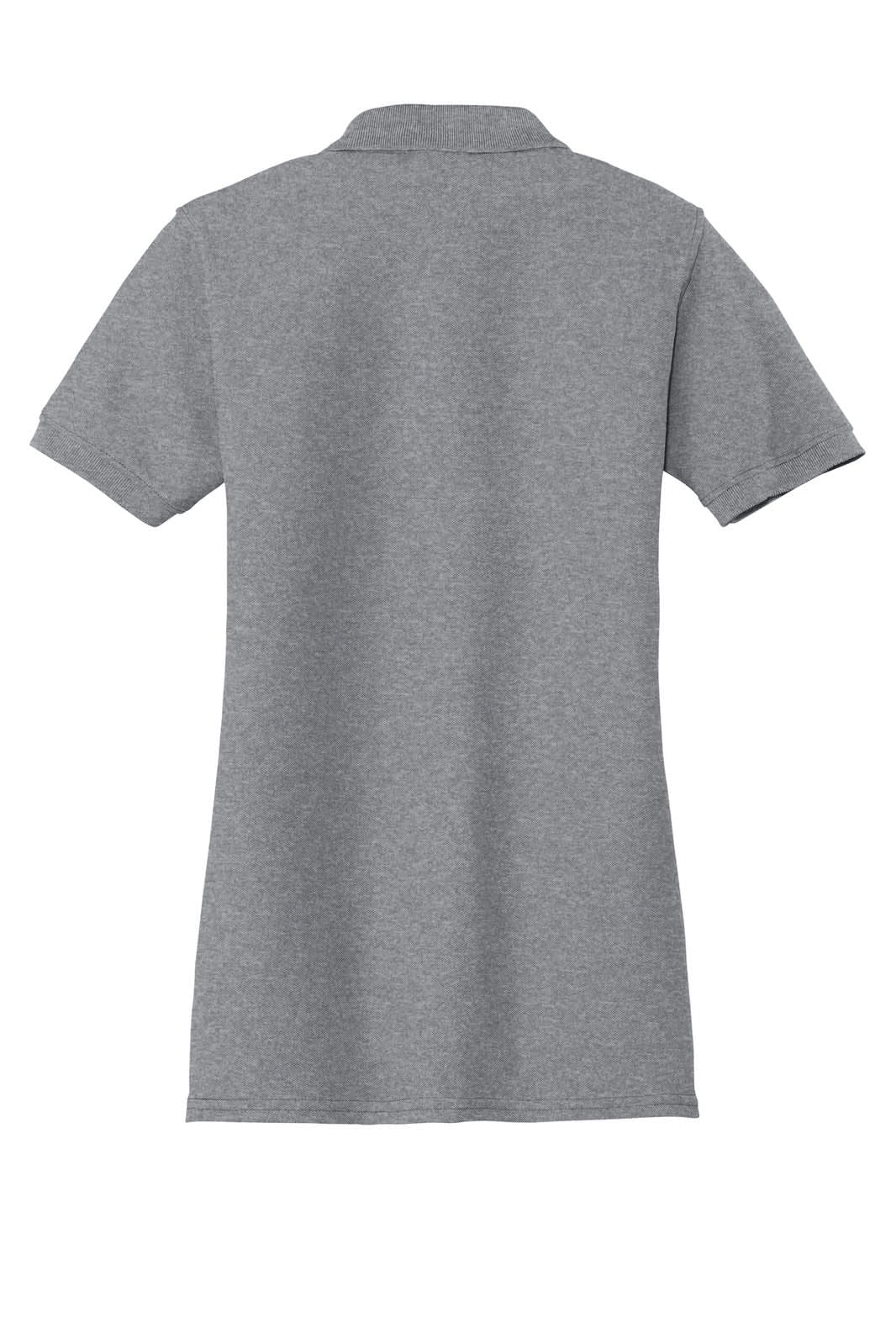 A ladies' grey polo shirt, featuring a classic collar and short sleeves, with a logo on the back.