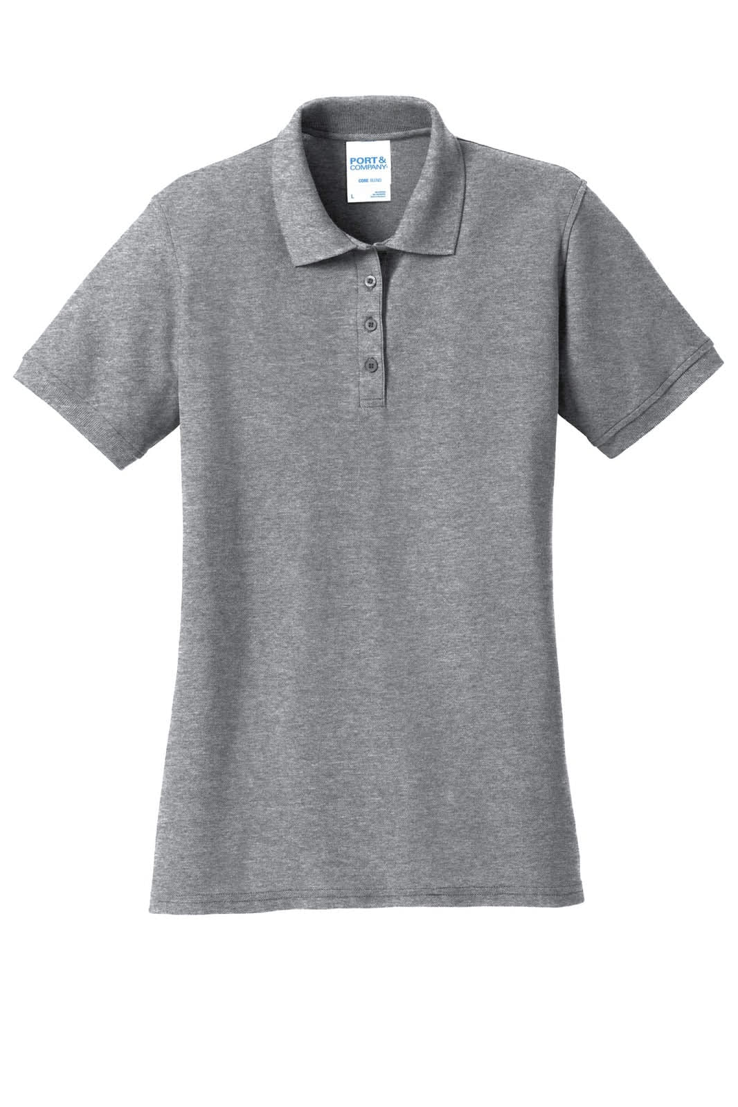 A grey ladies' polo shirt featuring a collar, buttons, and a logo. Made from a blend of materials.