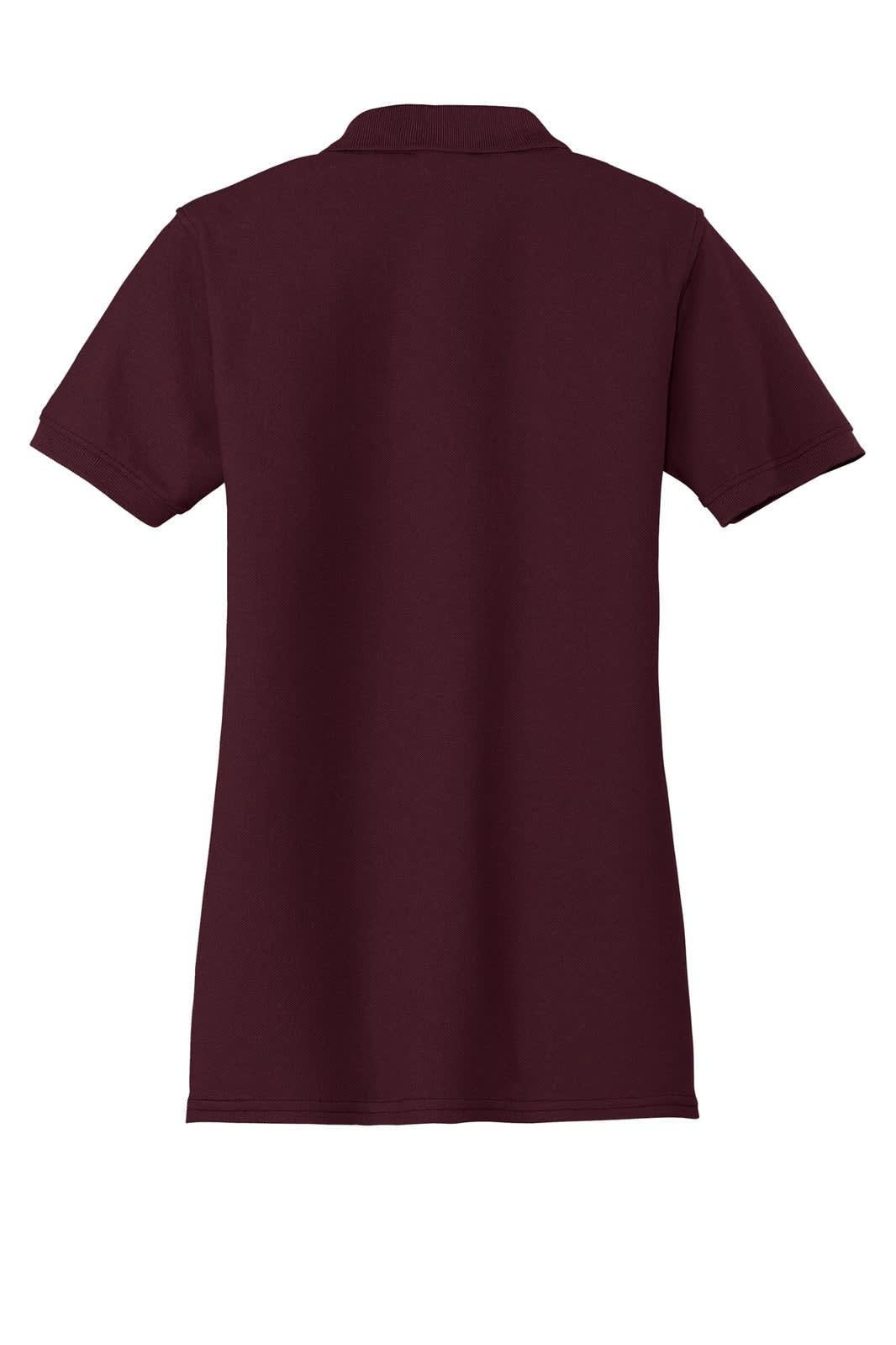 A maroon ladies' polo shirt with a collar and short sleeves, featuring a logo on the back.