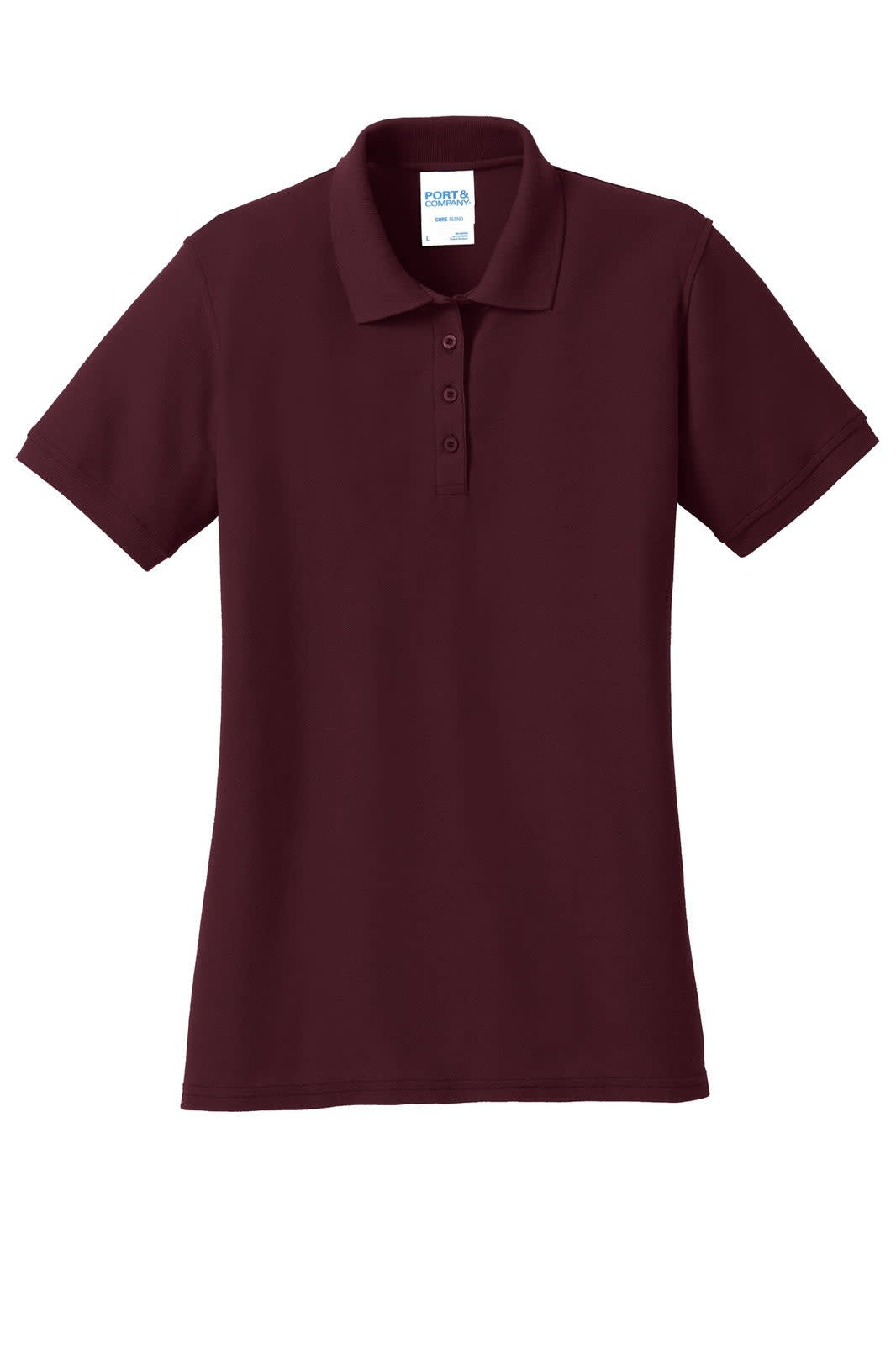 A maroon ladies' polo shirt with a classic collar, short sleeves, and a brand logo.
