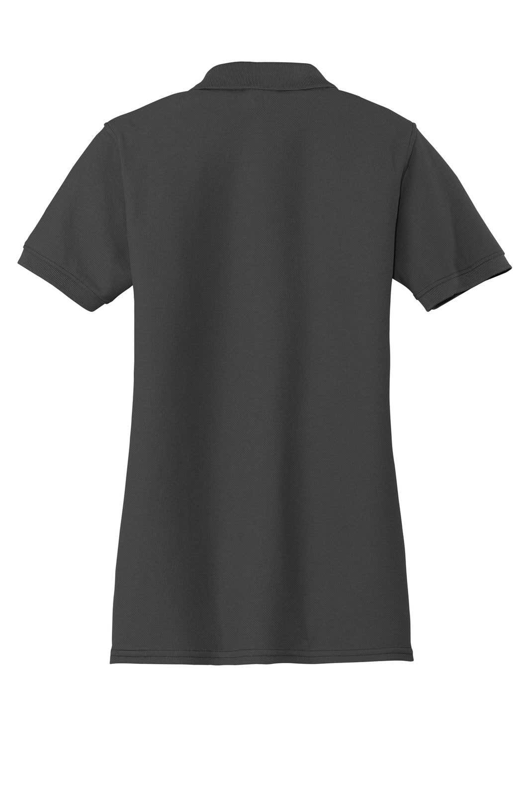 A grey women's polo shirt with short sleeves and a collar, featuring a logo on the back.