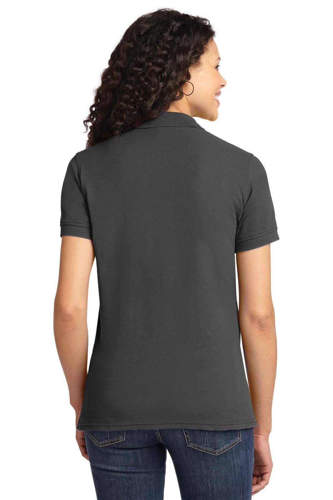 A grey women's polo shirt with a fitted design, featuring short sleeves and a logo on the back.