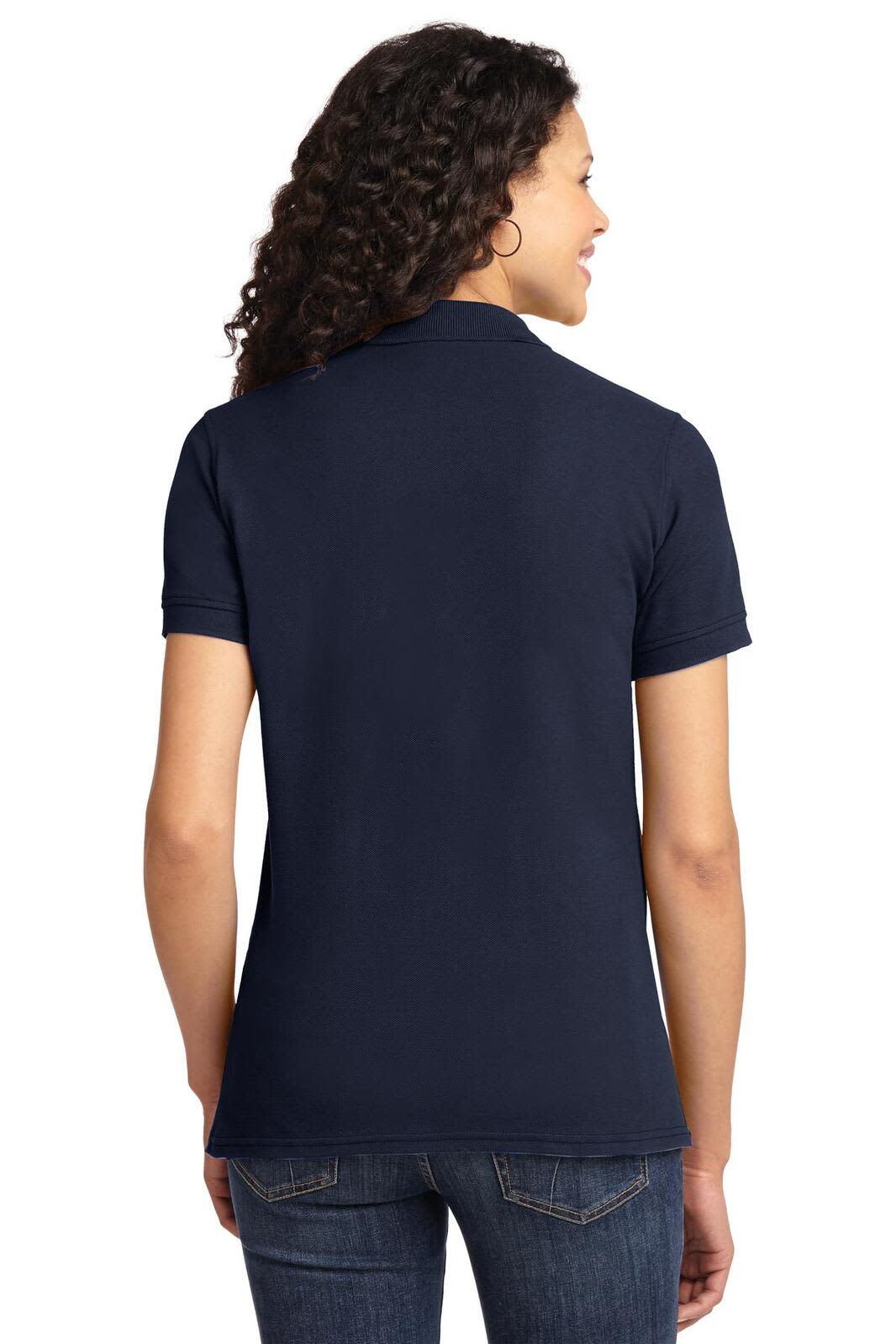 A navy blue ladies' polo shirt with short sleeves, featuring a collar and a branding logo.