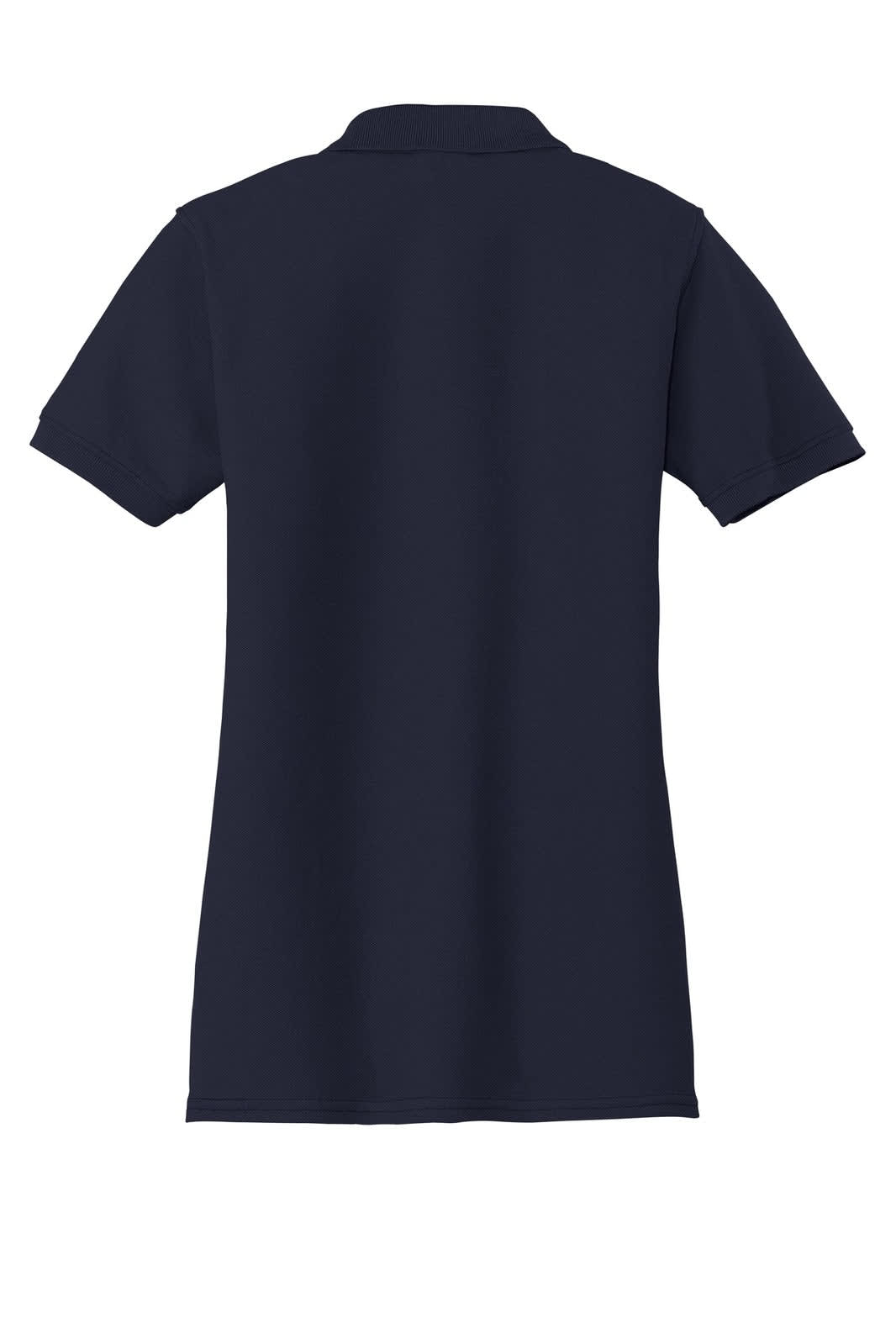 A dark navy blue ladies' polo shirt, featuring a classic pique design and a logo on the back.