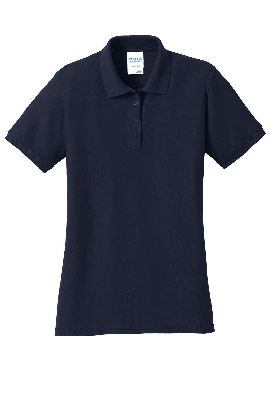 A navy blue ladies' polo shirt with a collar, short sleeves, and a button placket, featuring a logo.