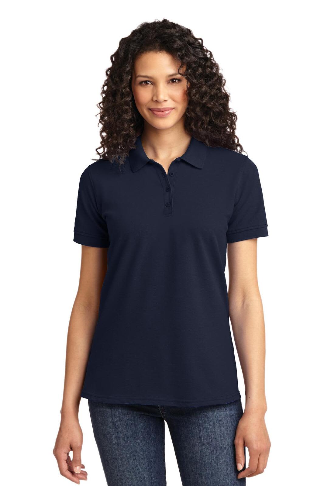 A navy blue ladies' polo shirt with a collar and short sleeves, featuring a logo.