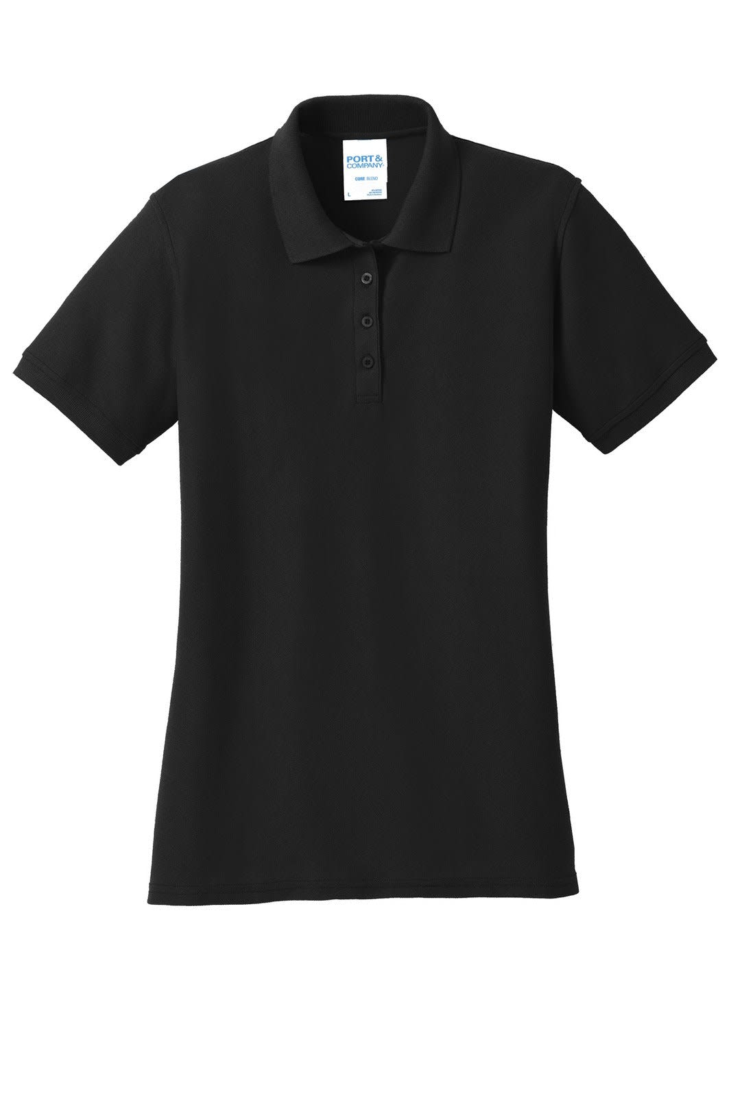 A black women's polo shirt with short sleeves and a collar, featuring buttons and a logo.