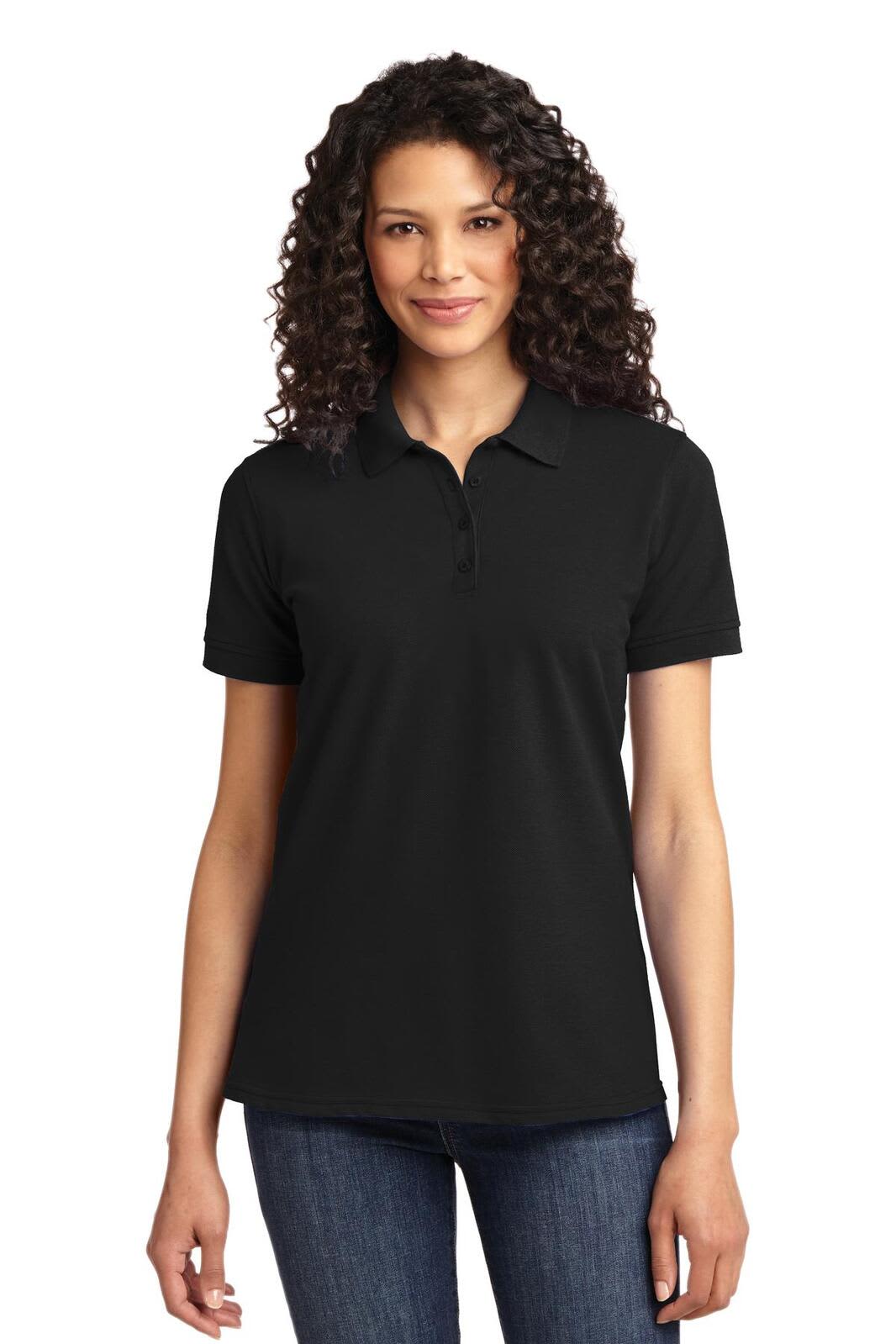 A black ladies' polo shirt featuring a collar and short sleeves, accompanied by a branding logo.