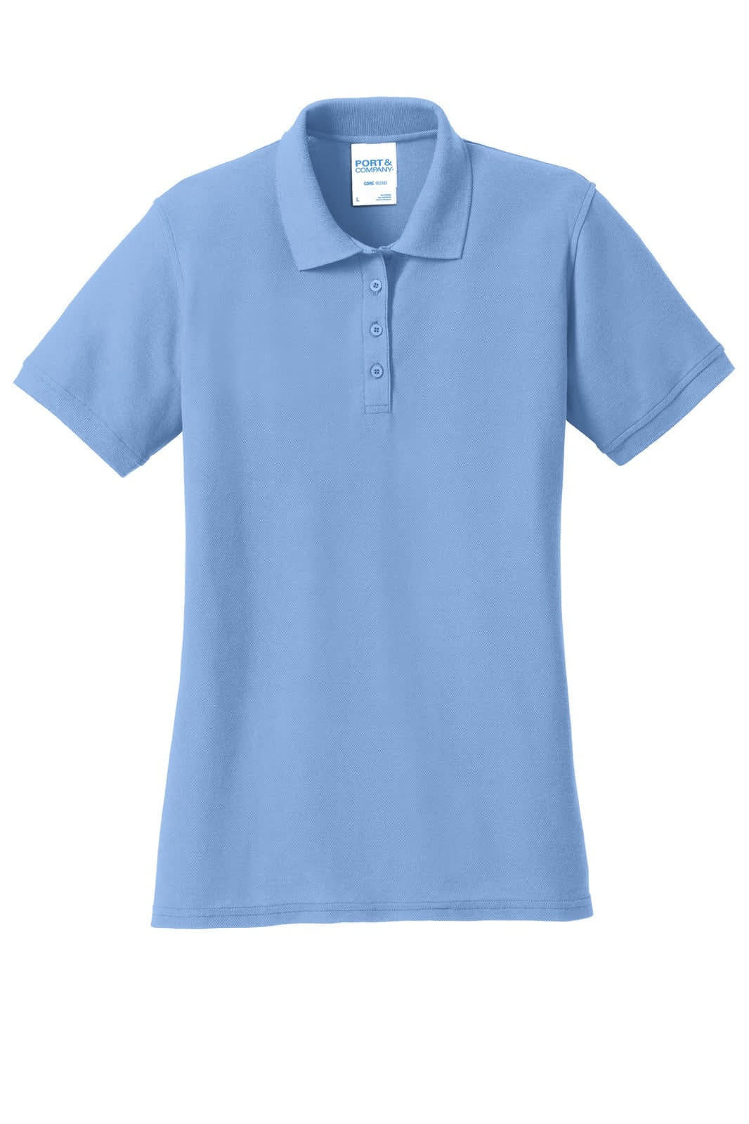 A light blue ladies' polo shirt with a collar, short sleeves, and a branded label.