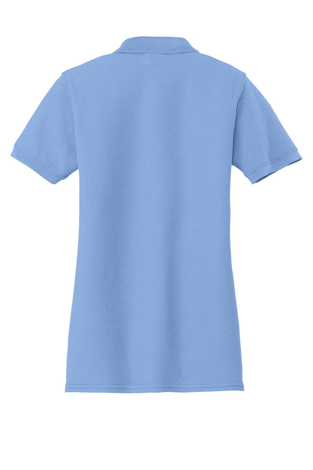 A light blue women's polo shirt featuring a classic collar and short sleeves. It has a branding logo on the back.