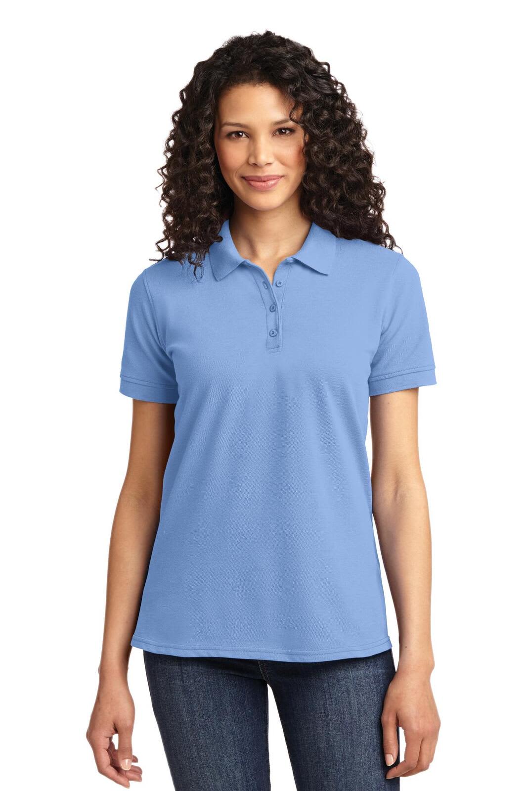 A light blue ladies' polo shirt with a collar and short sleeves, featuring a logo.