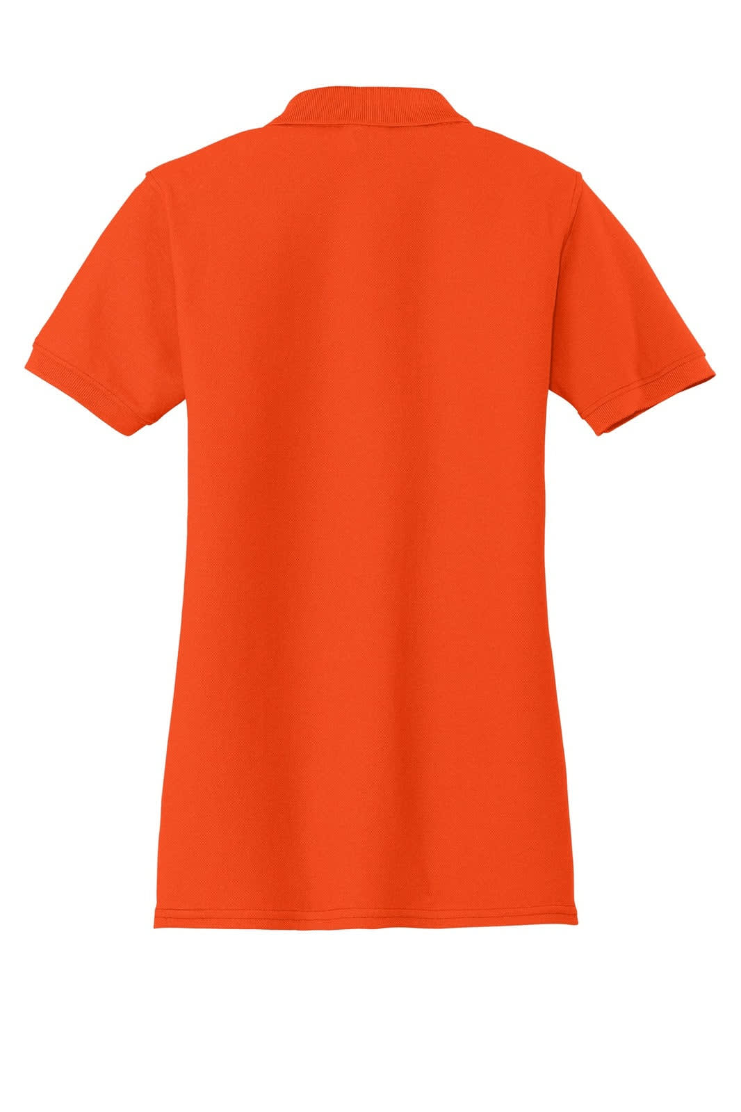 An orange ladies' polo shirt with a classic pique texture and a collar, featuring a logo on the back.