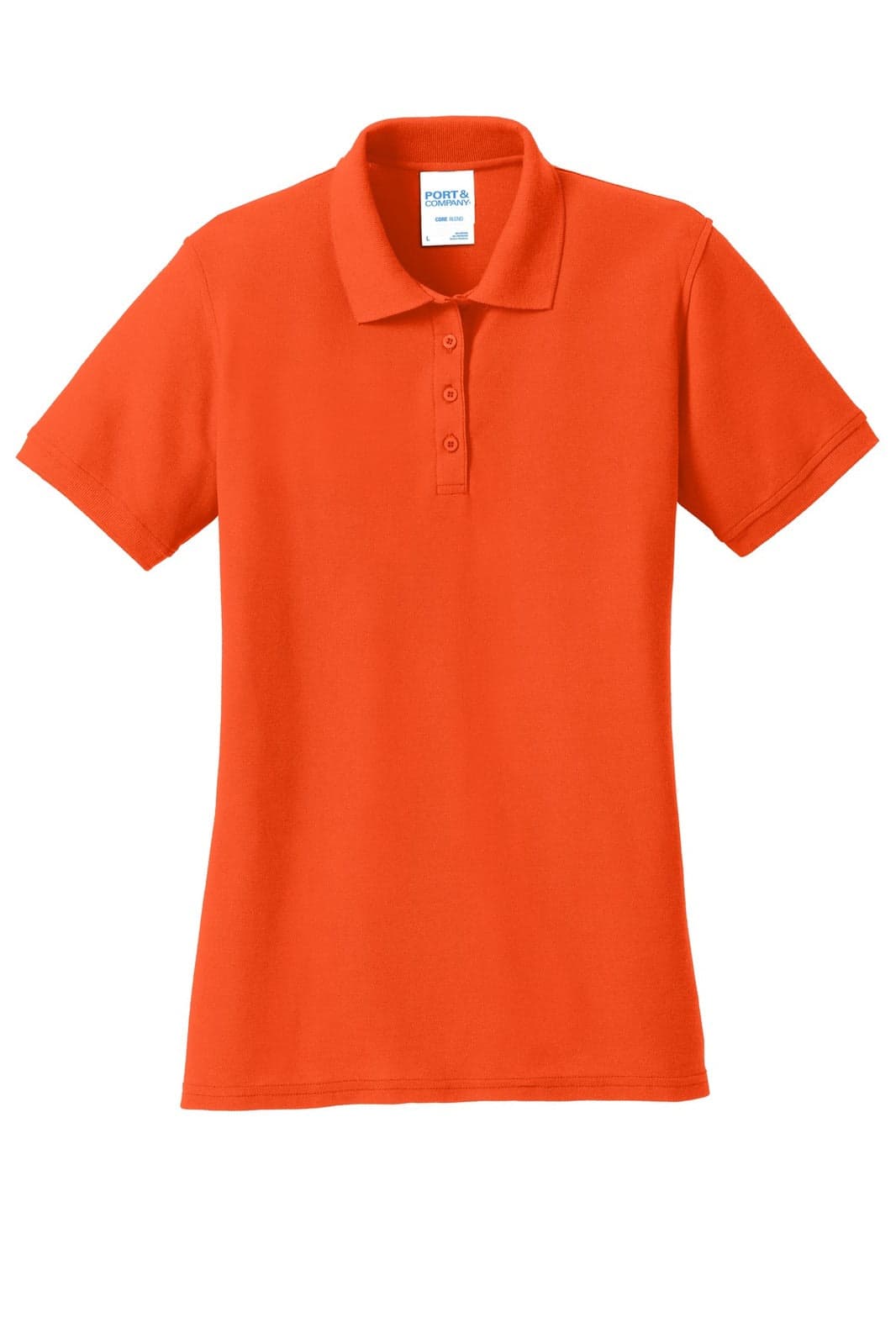 An orange polo shirt featuring a collar and three buttons, with a logo on the label.