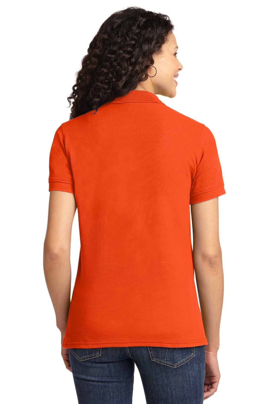 A back view of a women's orange polo shirt, featuring short sleeves and a branded logo.