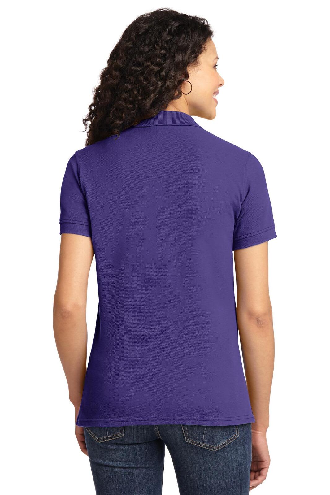 A purple ladies' polo shirt with a collar, viewed from the back, featuring a logo.