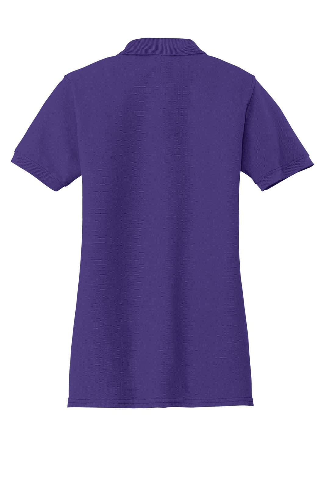 A purple ladies' polo shirt with a collar and short sleeves, featuring a logo on the back.
