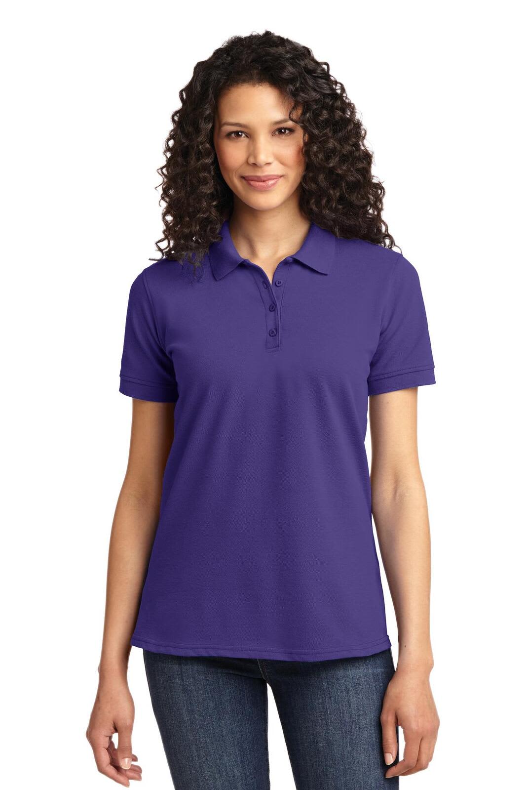 A purple polo shirt for women featuring a collar and short sleeves, with a logo on the chest.