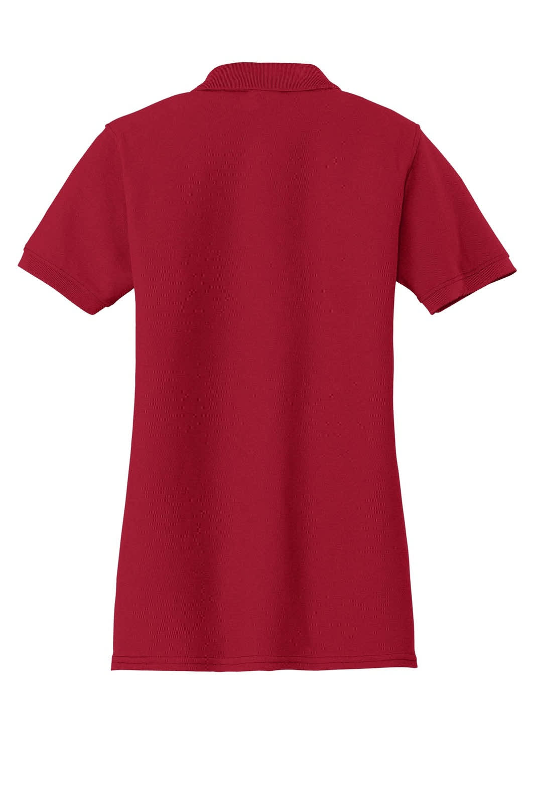 A red ladies' polo shirt with a classic design, featuring a collar and short sleeves. It includes a logo.