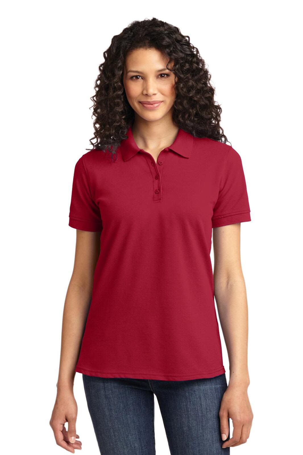 A red ladies' polo shirt with a classic collar and short sleeves, featuring a logo on the left chest.