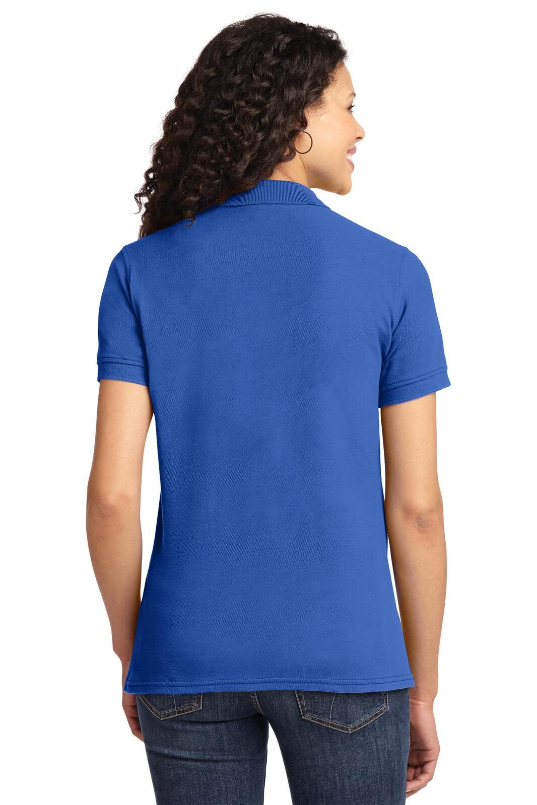 A blue ladies' polo shirt in a core blend pique style, featuring a collar and short sleeves, with a logo on the back.