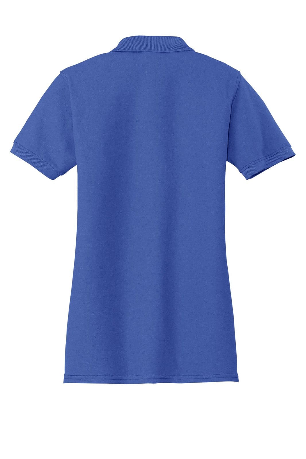 A blue ladies' polo shirt with a classic pique texture and a logo on the back.