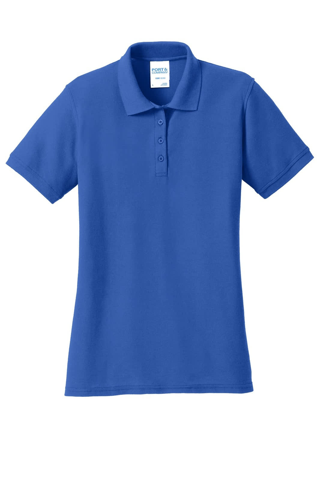 A blue ladies' polo shirt with a classic collar and short sleeves, featuring a logo.