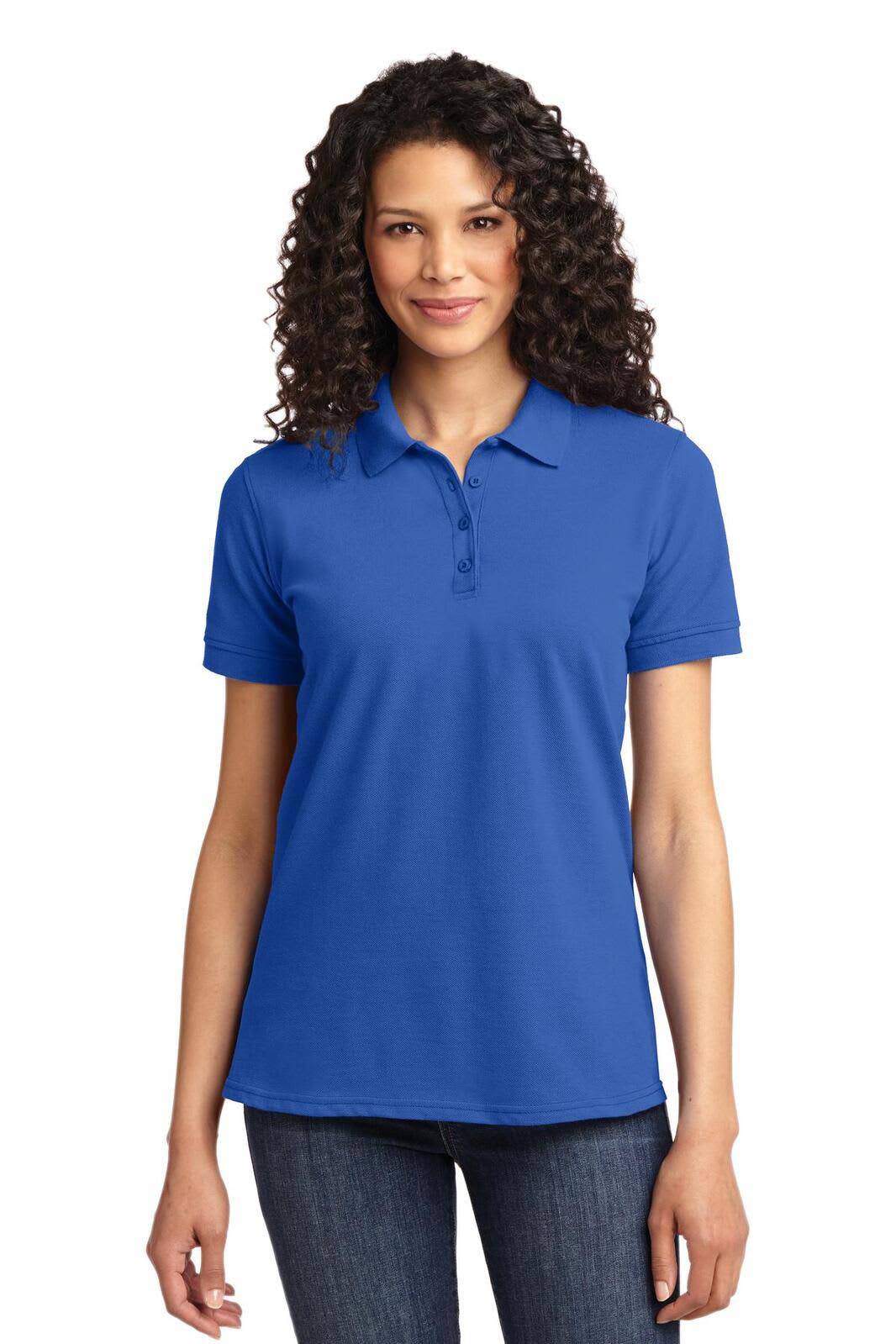 A blue ladies' polo shirt with a classic collar and a logo on the chest. The shirt features a fitted design.