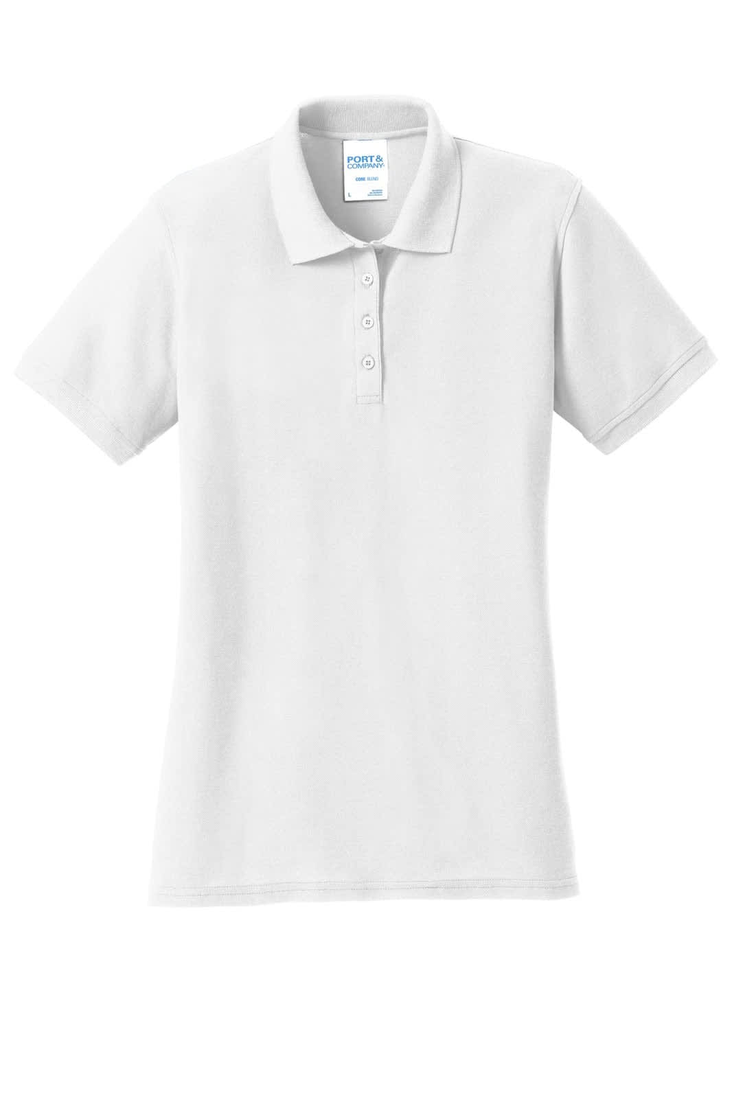 A white polo shirt with a collar and buttons, featuring a branding logo on the label.