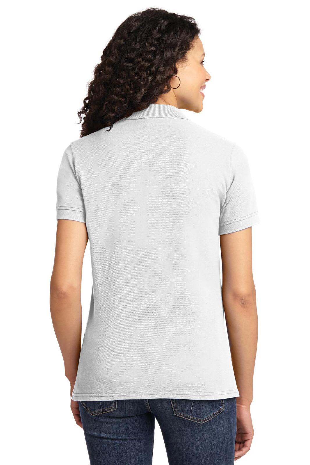 A grey ladies' polo shirt with a collar, featuring short sleeves and a slight curve at the hem.