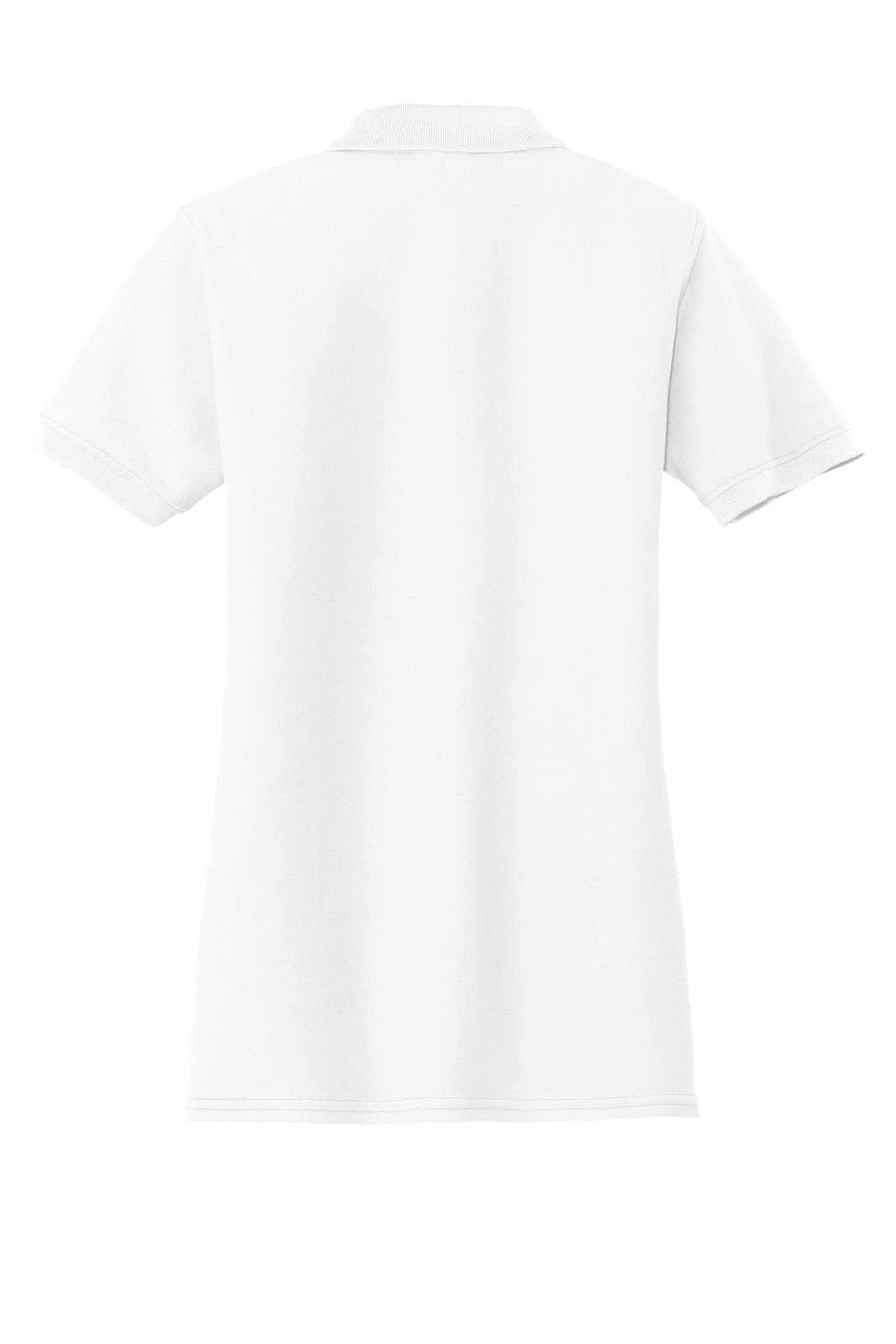 A white ladies' polo shirt, featuring a classic pique texture and a collar. The shirt has a logo on it.
