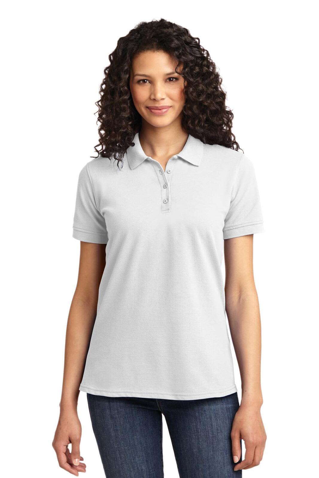 A light grey ladies' polo shirt with a collar and buttons, featuring a logo on the chest.