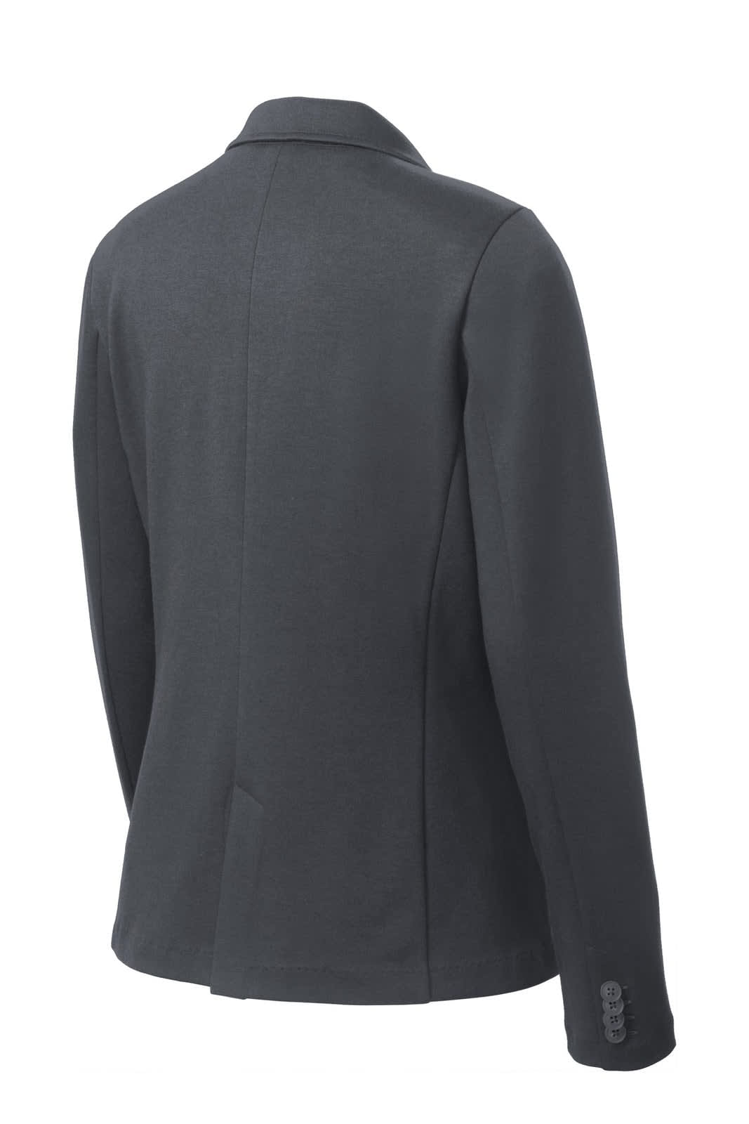 A dark grey ladies' knit blazer with a tailored fit and single back vent. Features a subtle branding logo.