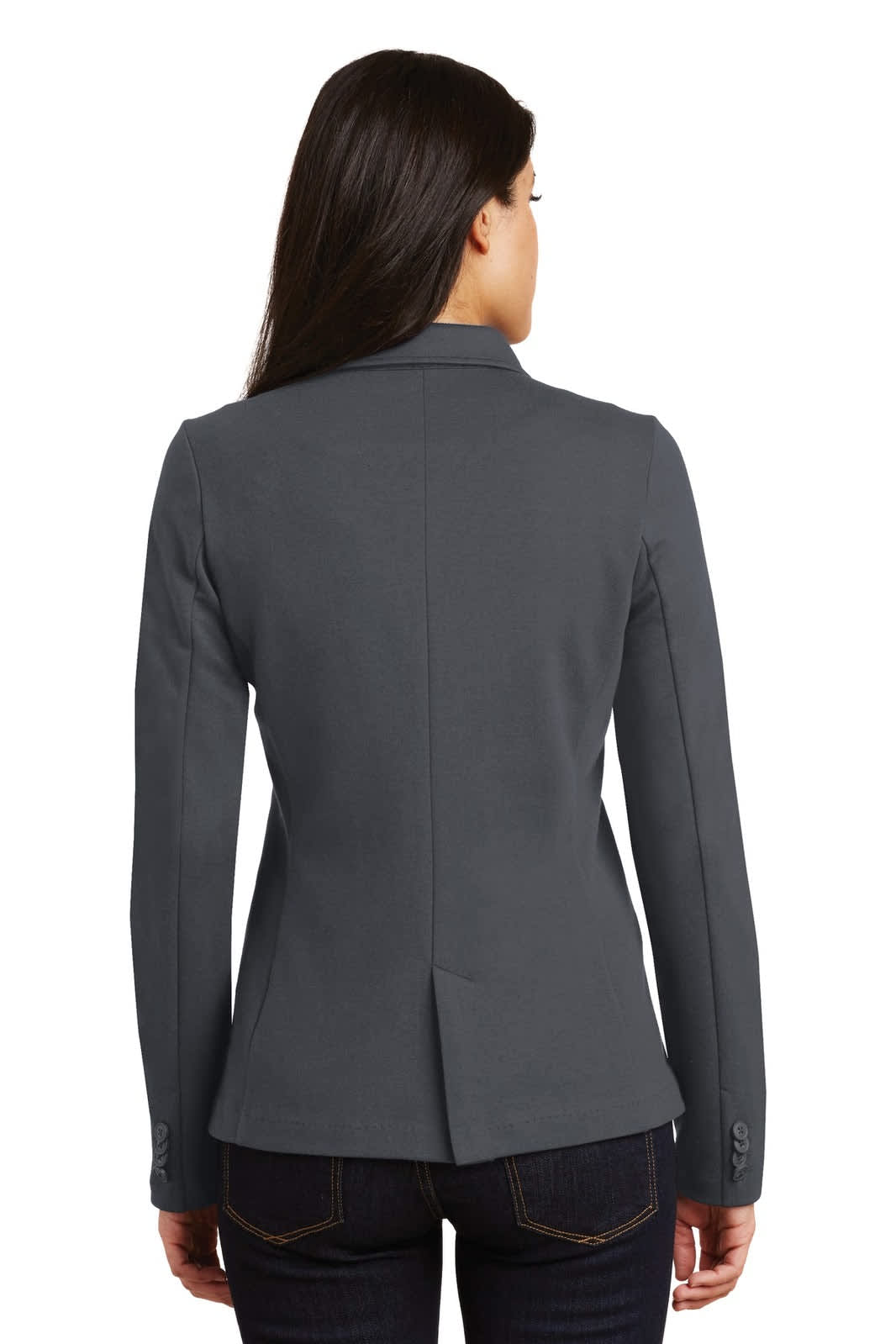 A grey ladies' knit blazer viewed from the back, featuring a tailored fit and sleek design.