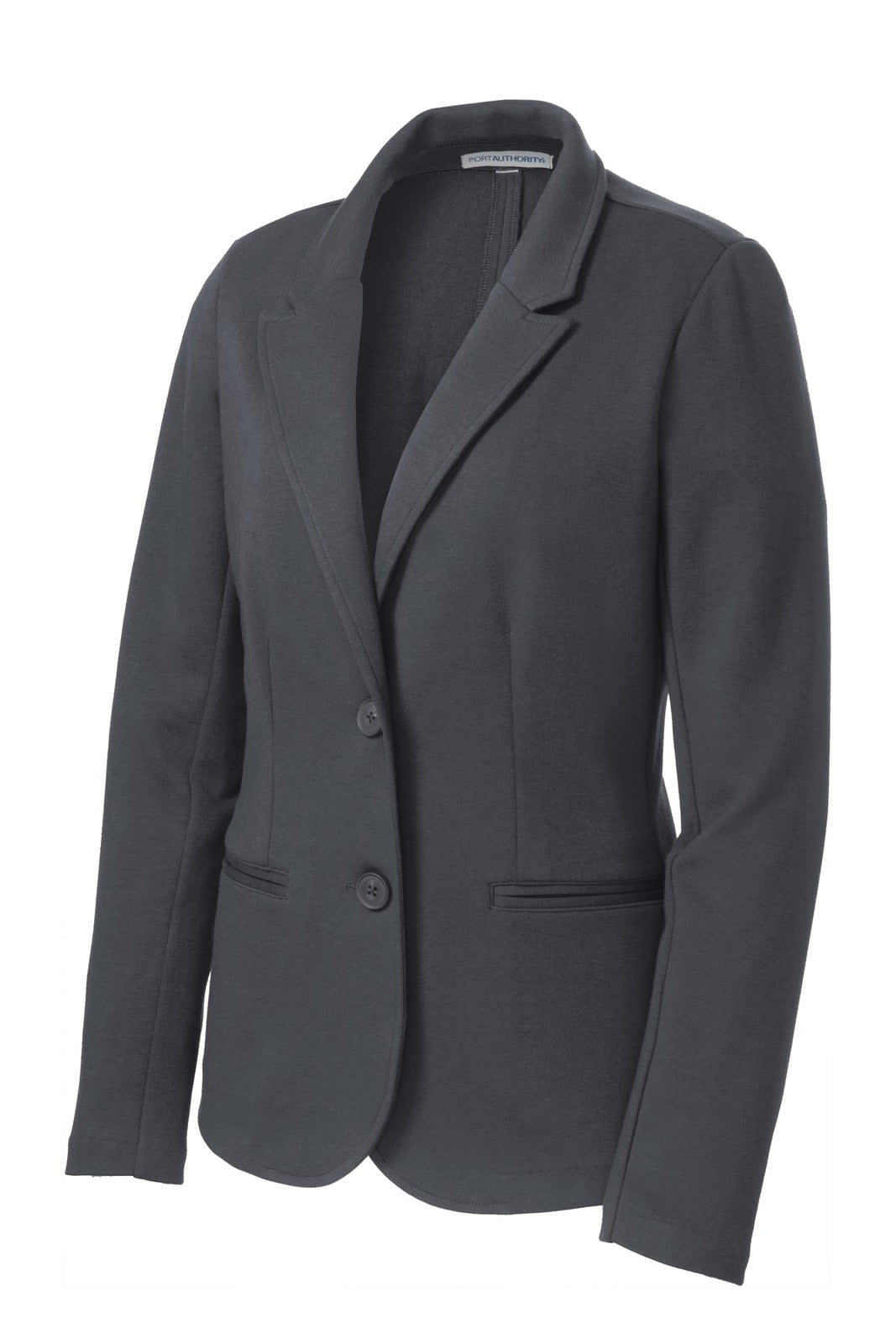 A dark grey ladies' knit blazer with a classic collar, two buttons, and front pockets. It features a logo on the label.