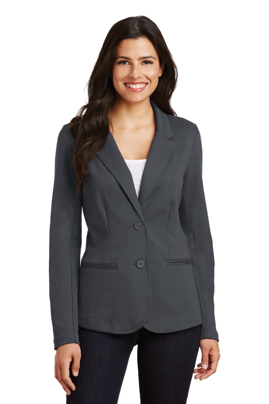 A fitted ladies' blazer in charcoal grey, featuring two buttons and a classic collar design.