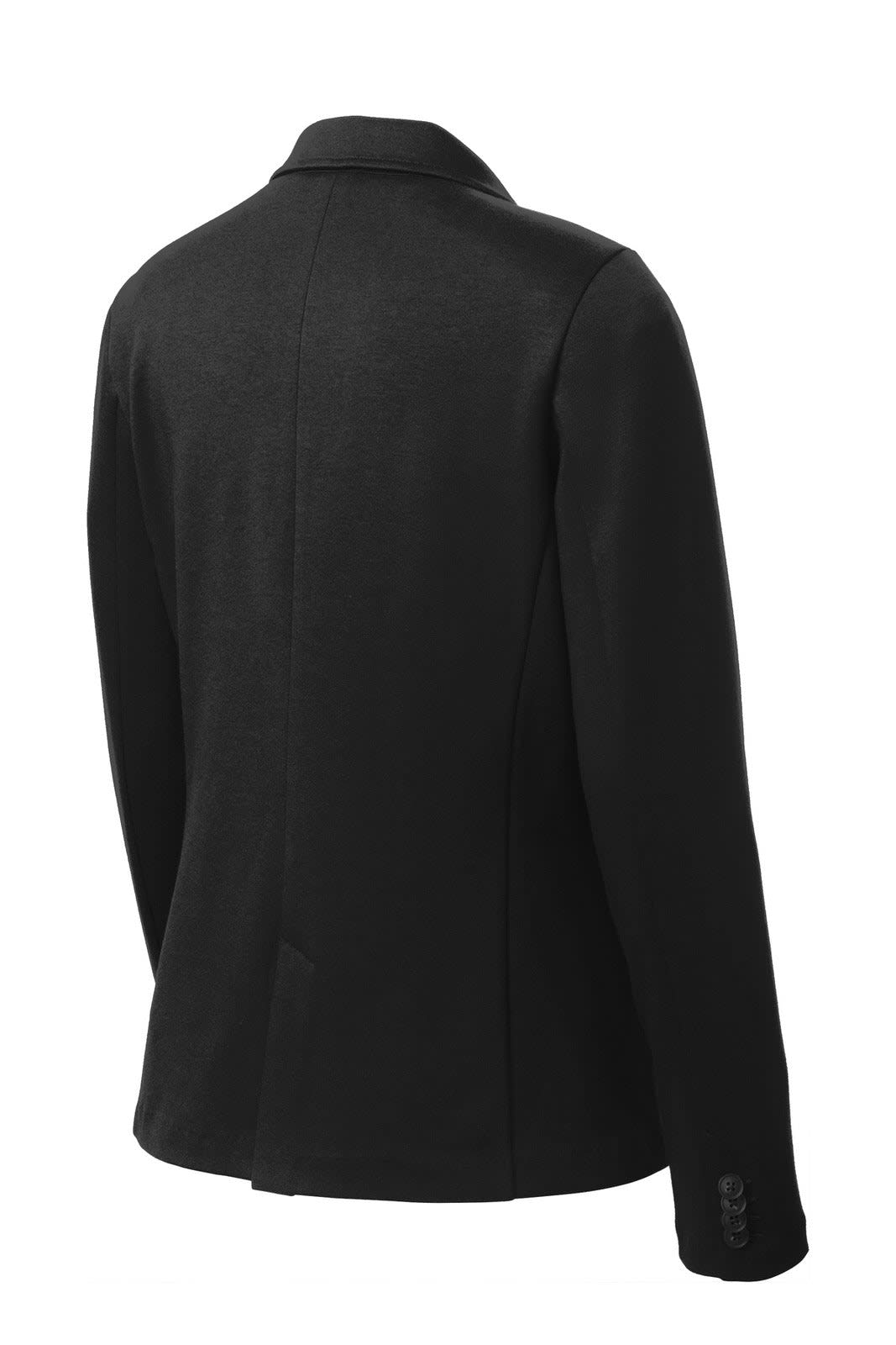 A black ladies' knit blazer featuring a tailored fit and a sleek back design with a subtle logo.