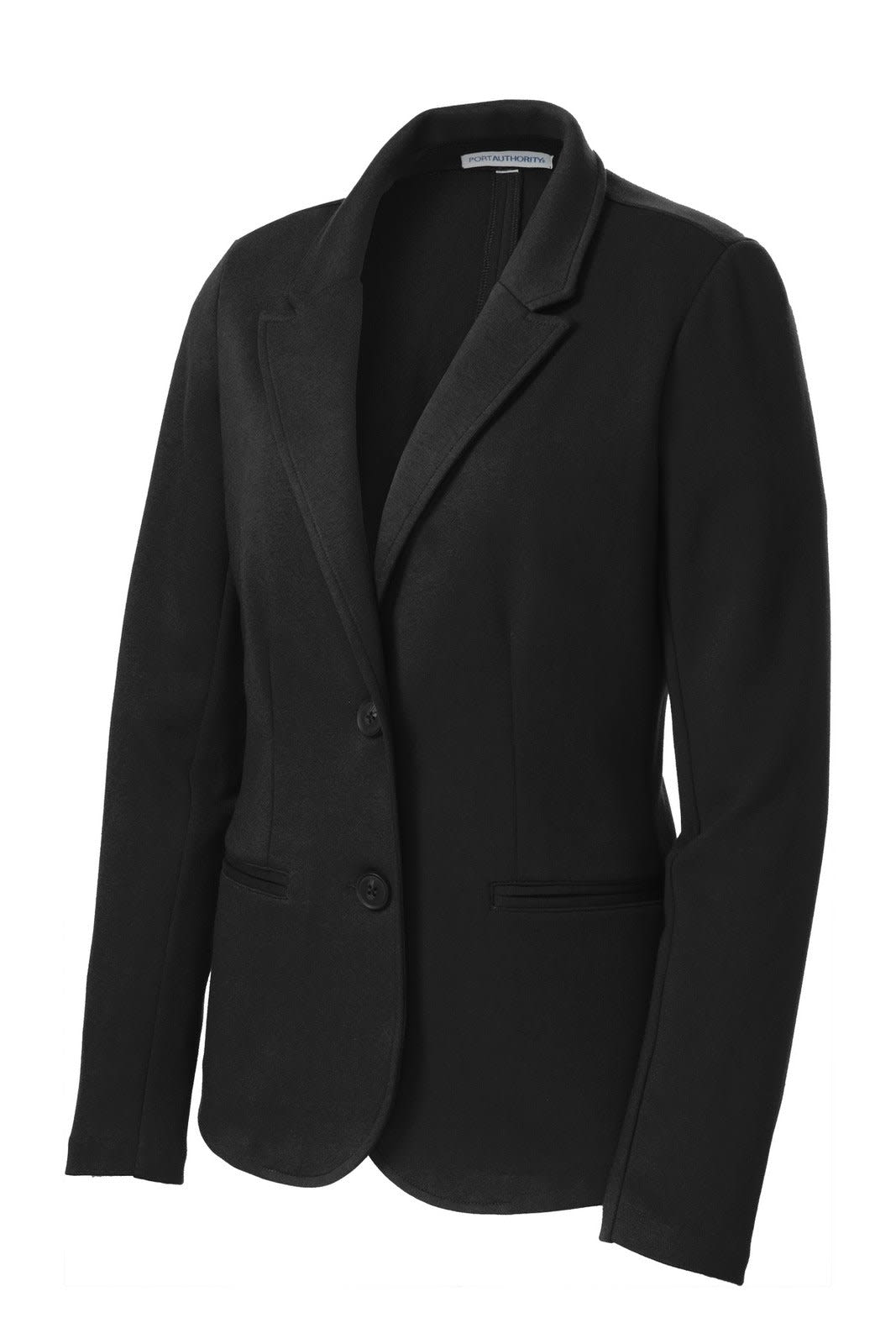 A black ladies' knit blazer with a notched collar and two buttons, featuring pockets and a stylish design.