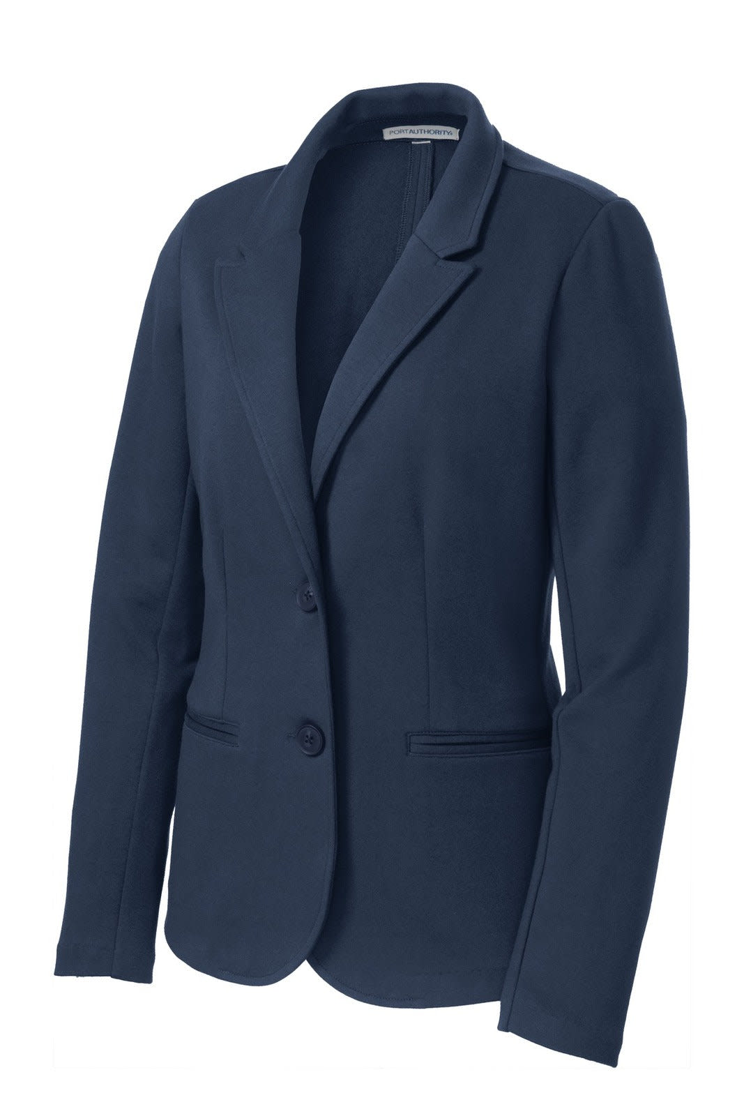A navy blue ladies' knit blazer featuring a tailored design and two buttons, with a logo on the label.
