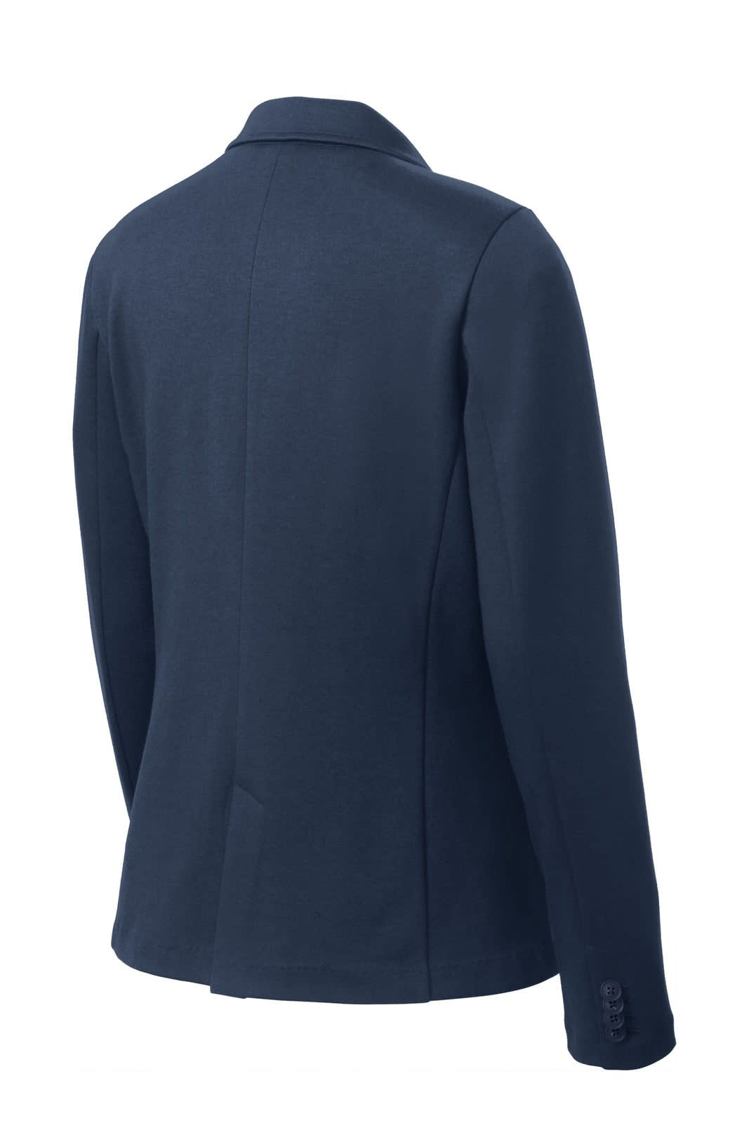 A navy blue ladies' knit blazer featuring a tailored design and a back view with a simple silhouette.